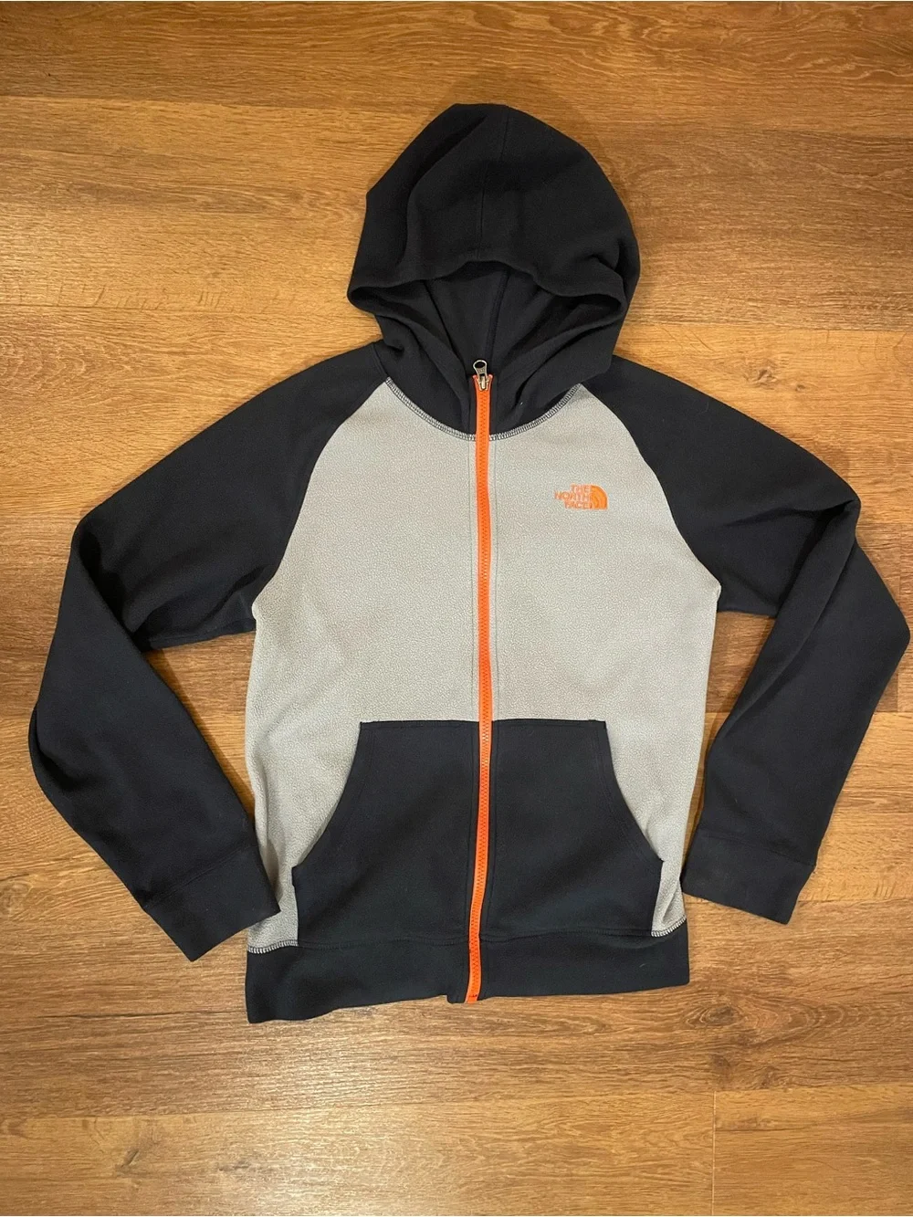North Face Boys 14-16 Glacier Full Zip Fleece Hoodie Jacket Grey Black Orange